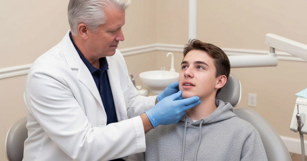 Dr Bryan Nelson checking a patient's bite and jaw joints at Trinity Orthodontics in Thornton
